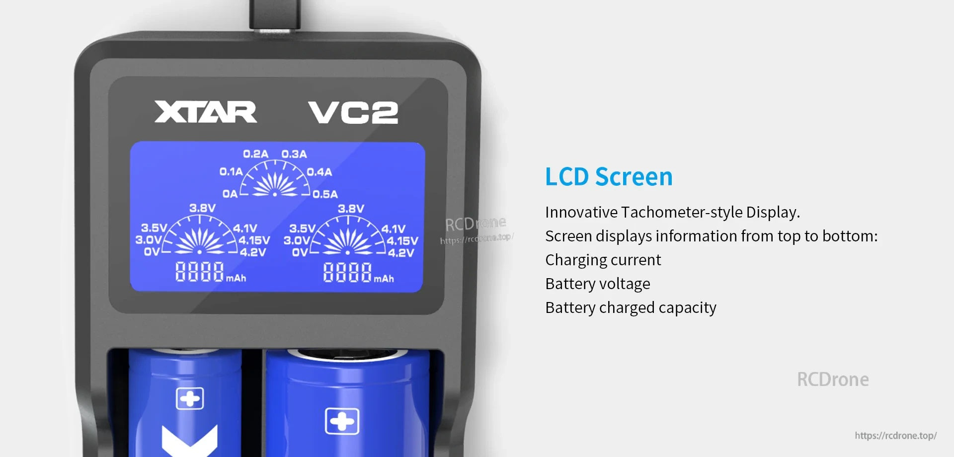 XTAR VC2 2-slot USB Li-ion battery charger with tachometer-style LCD showing current, voltage, and mAh