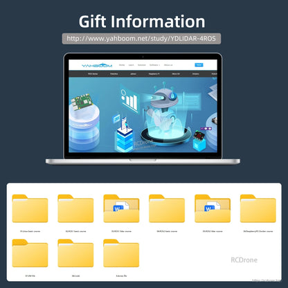 Gift information graphic with Yahboom YDLIDAR-4ROS download link and folder list for files and code