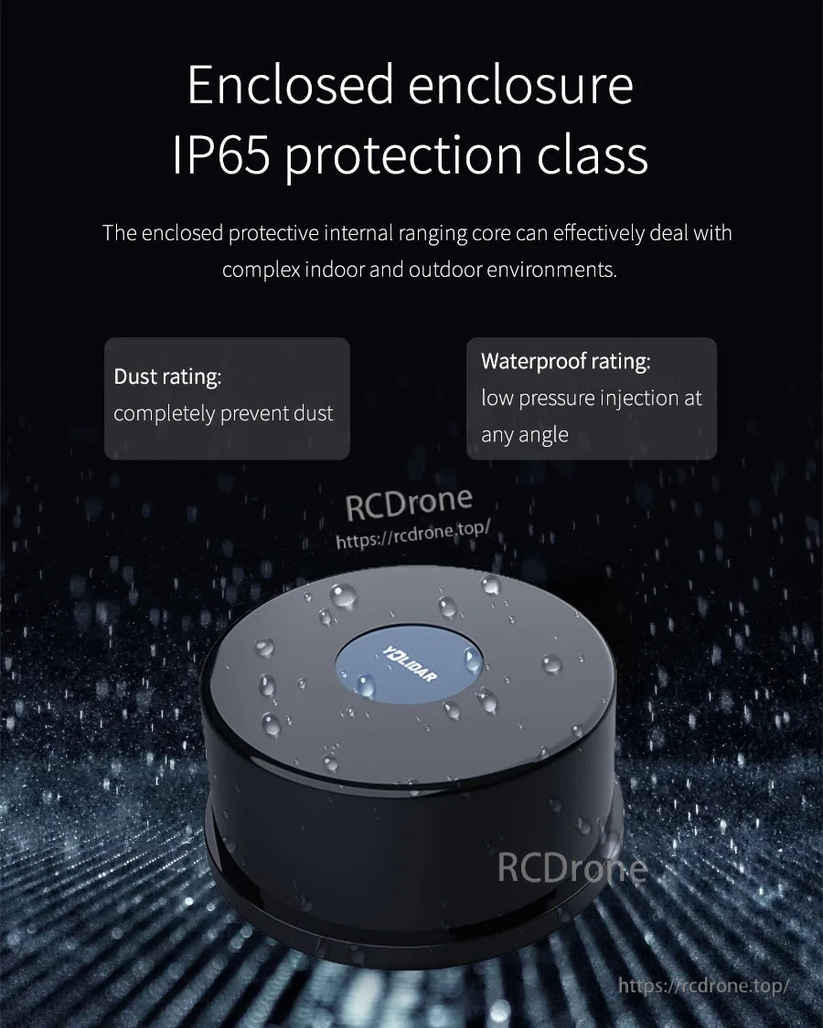 YDLIDAR 4ROS IP65 enclosed enclosure graphic indicating waterproof and dustproof protection for harsh environments