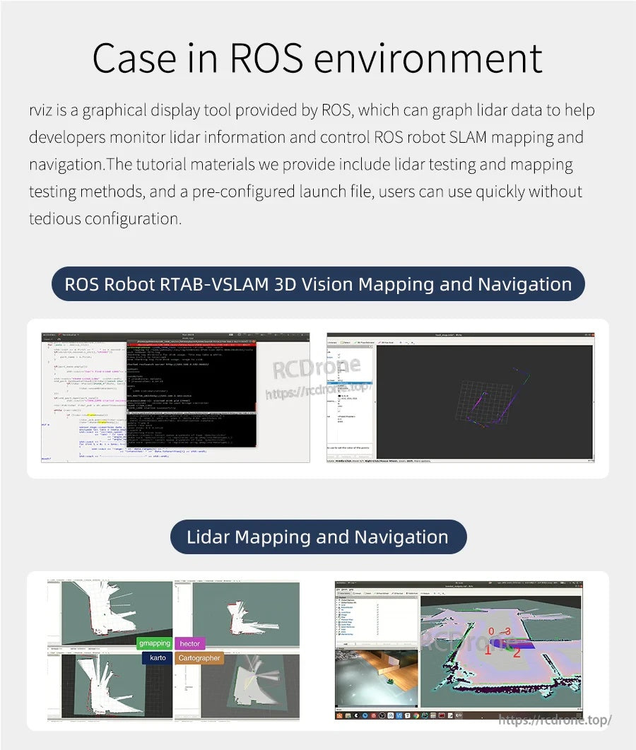 ROS environment use case showing RViz and RTAB-Map style lidar mapping and navigation screens