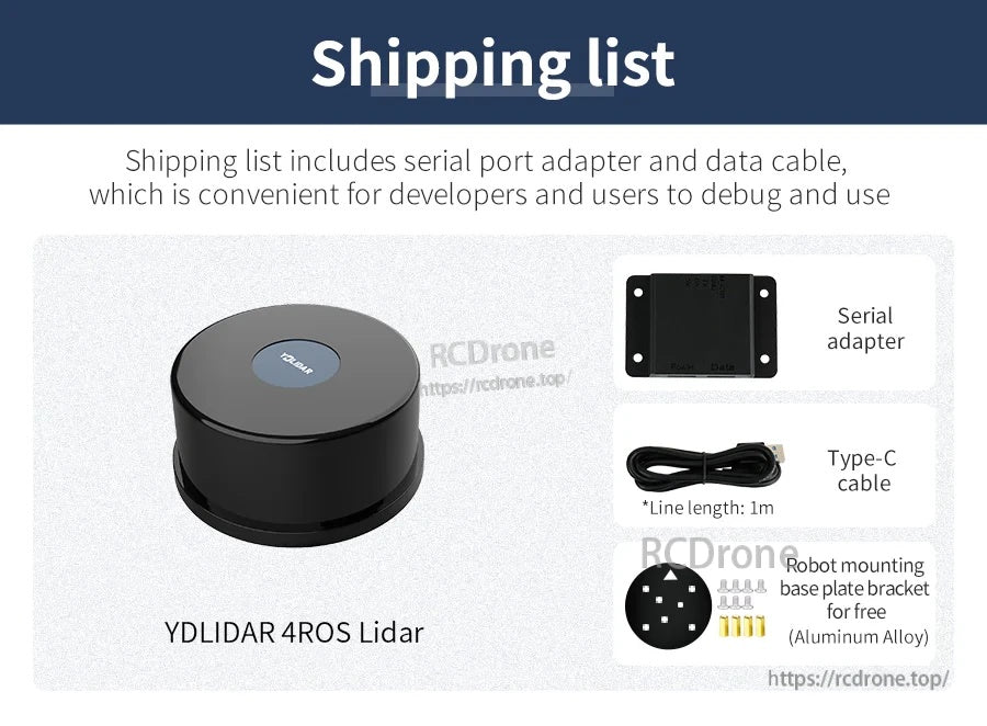 YDLIDAR 4ROS 2D LiDAR sensor with serial adapter, USB Type-C cable, and mounting base bracket