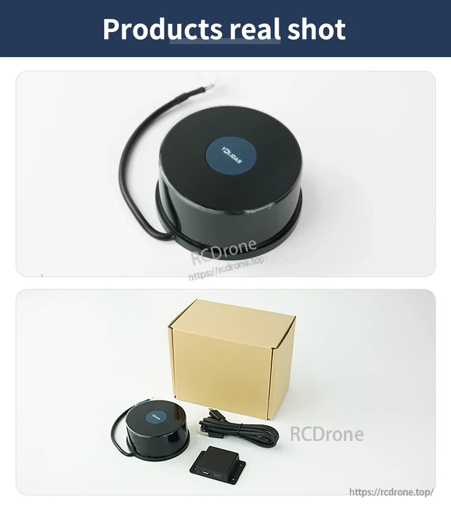 YDLIDAR 4ROS TOF 2D LiDAR sensor module with attached cable, shown with box and USB cable