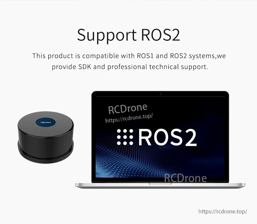 ROS2 compatibility graphic with LiDAR and laptop, noting ROS1/ROS2 support and SDK availability
