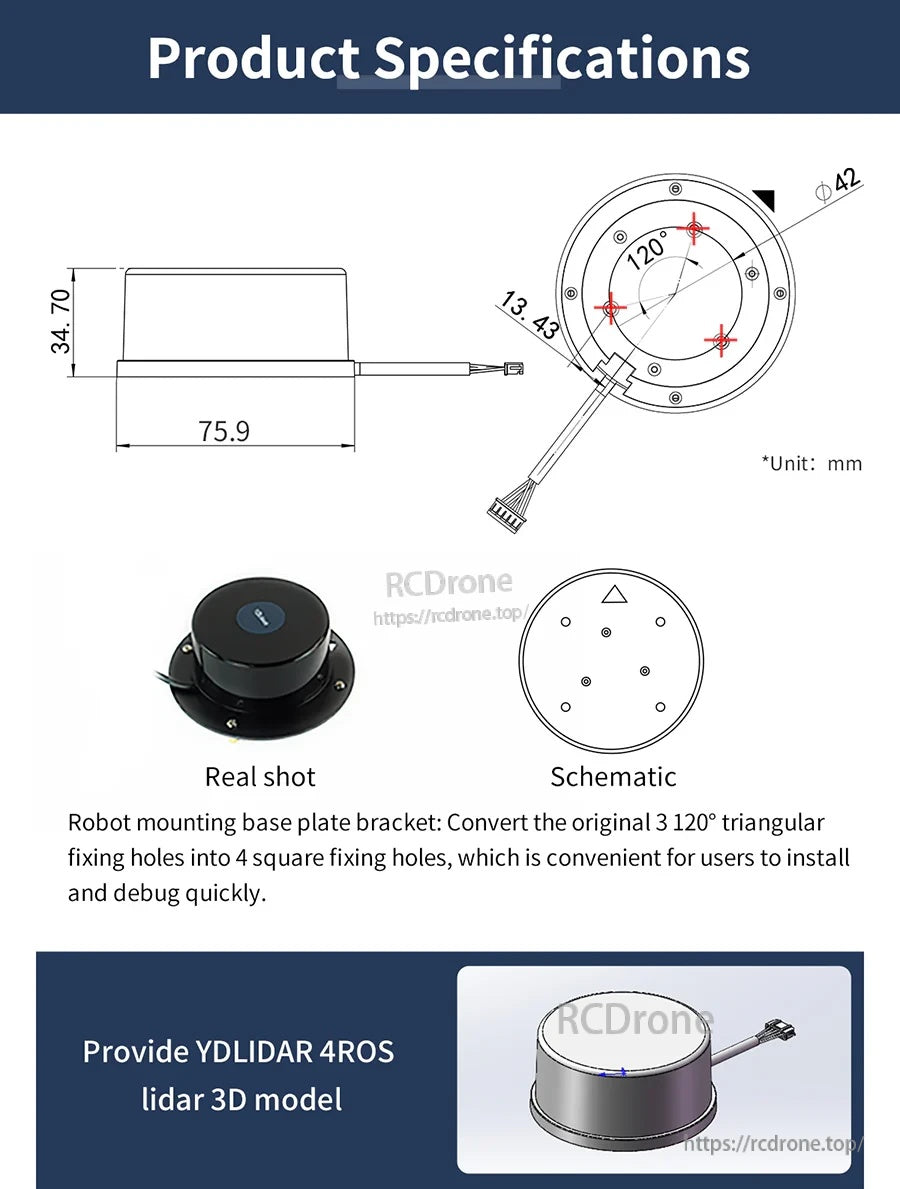 YDLIDAR 4ROS TOF 2D LiDAR sensor dimensions and mounting hole layout, with real unit and schematic views