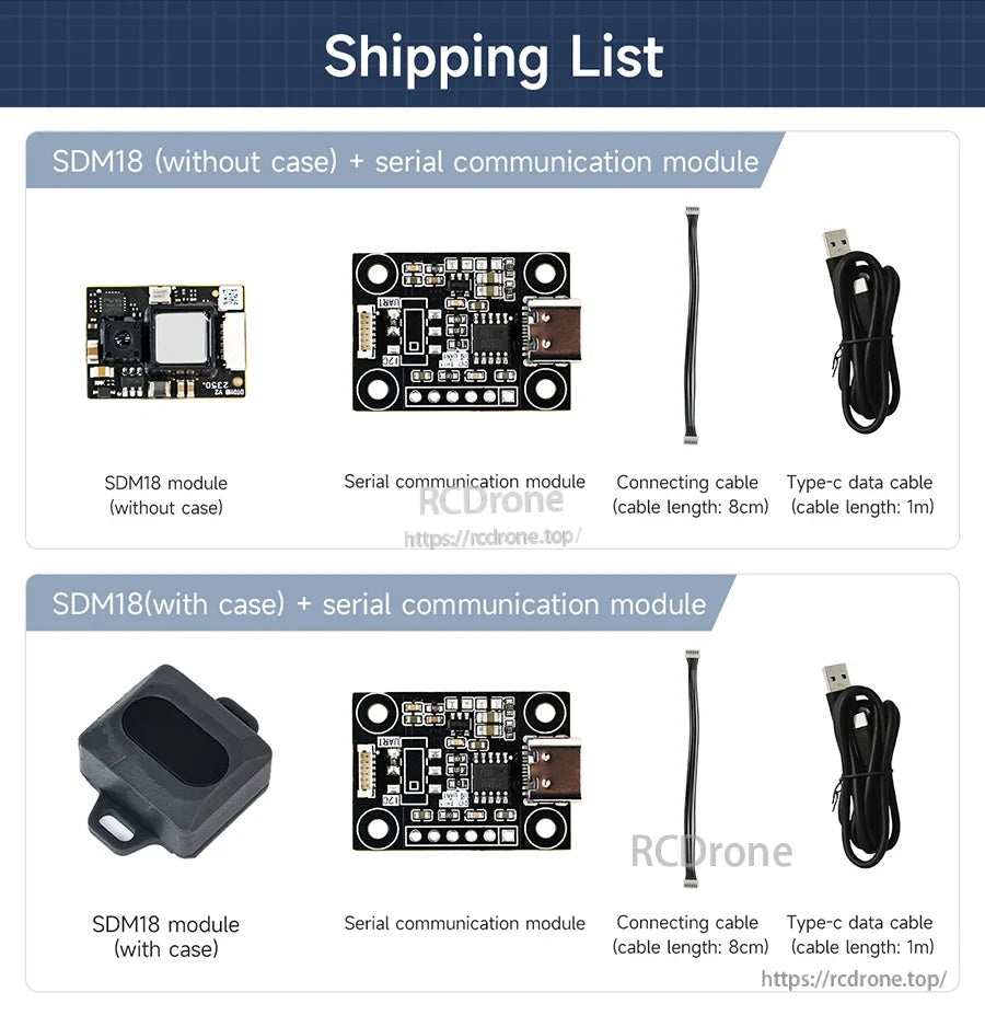 Shipping list for YDLIDAR SDM18 module with or without case, serial communication board, connecting cable, and USB Type‑C cable