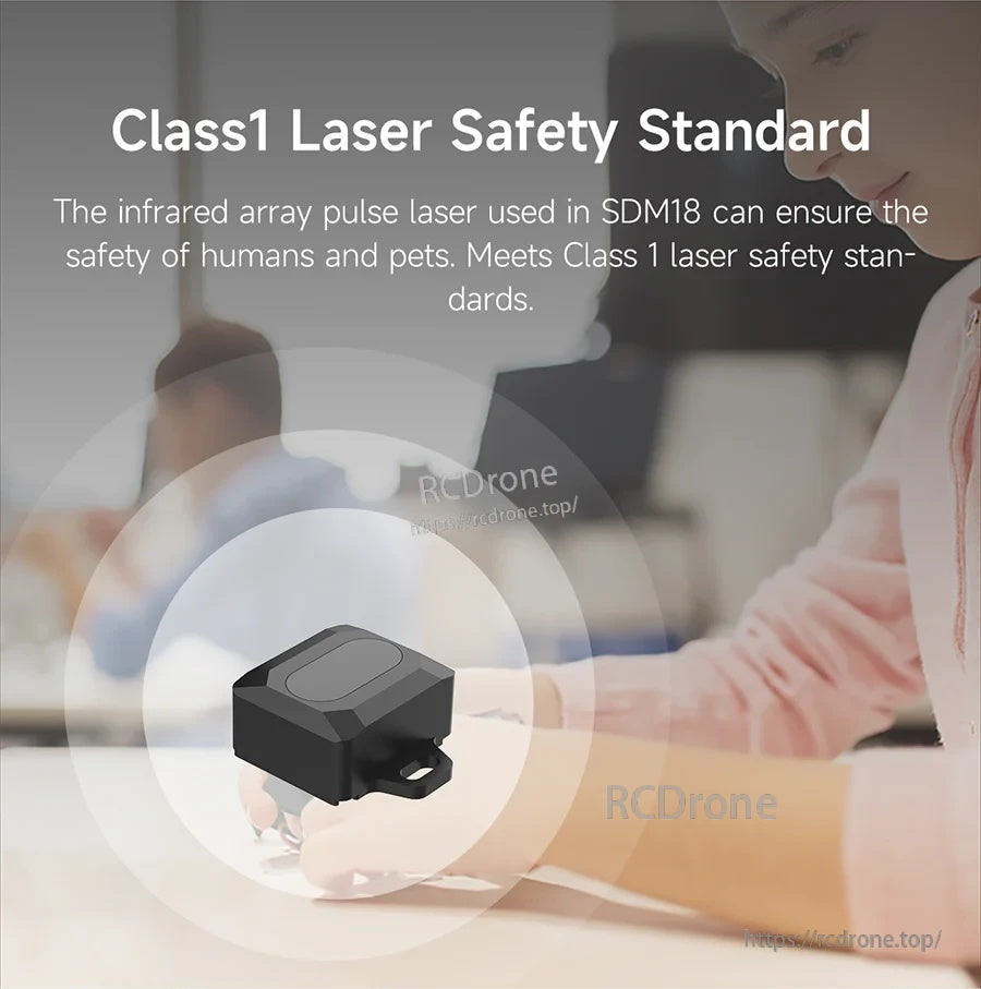 YDLIDAR SDM18 TOF laser ranging module, compact black sensor with mounting tab and Class 1 laser safety text
