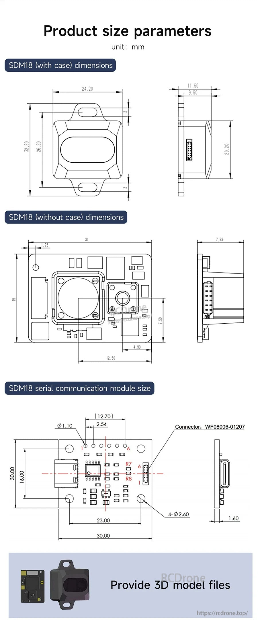 Mechanical dimension drawings for SDM18 with case, without case, and serial communication board; 3D files noted