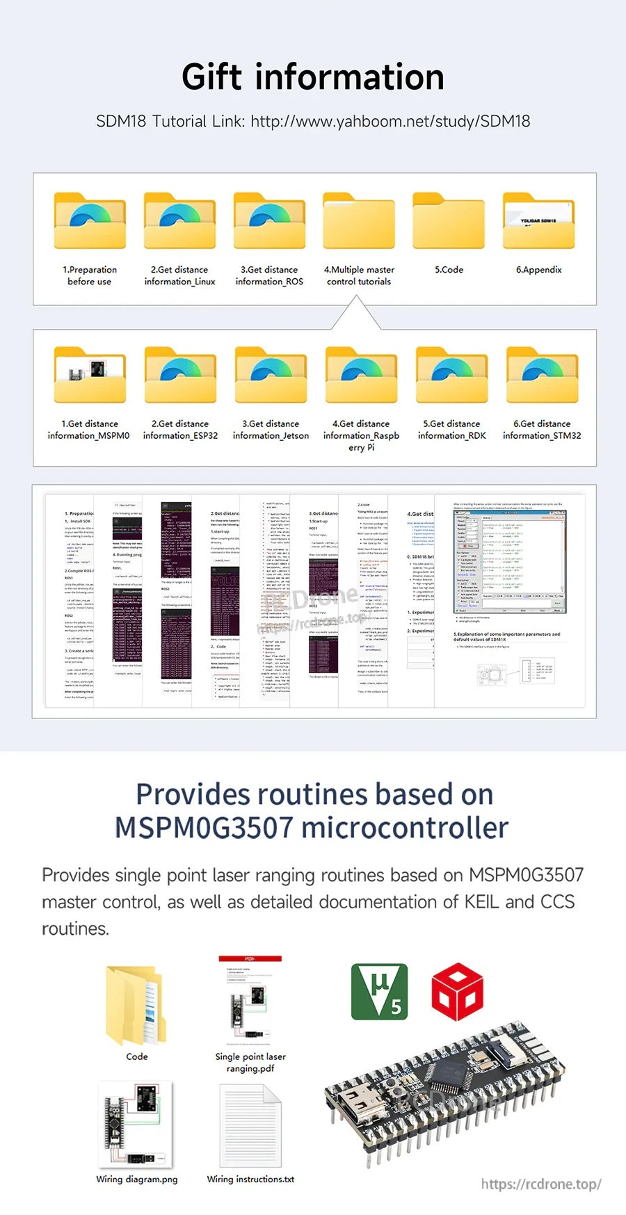 Screenshot of SDM18 tutorial “Gift information” with downloadable folders and MSPM0G3507 routines and docs