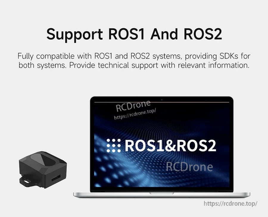 ROS1 and ROS2 support banner with SDM18 module and laptop graphic indicating SDK compatibility