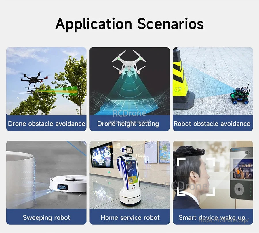 Application scenarios graphic for YDLIDAR SDM18 ToF ranging module: drone avoidance, height, robots, smart wake-up