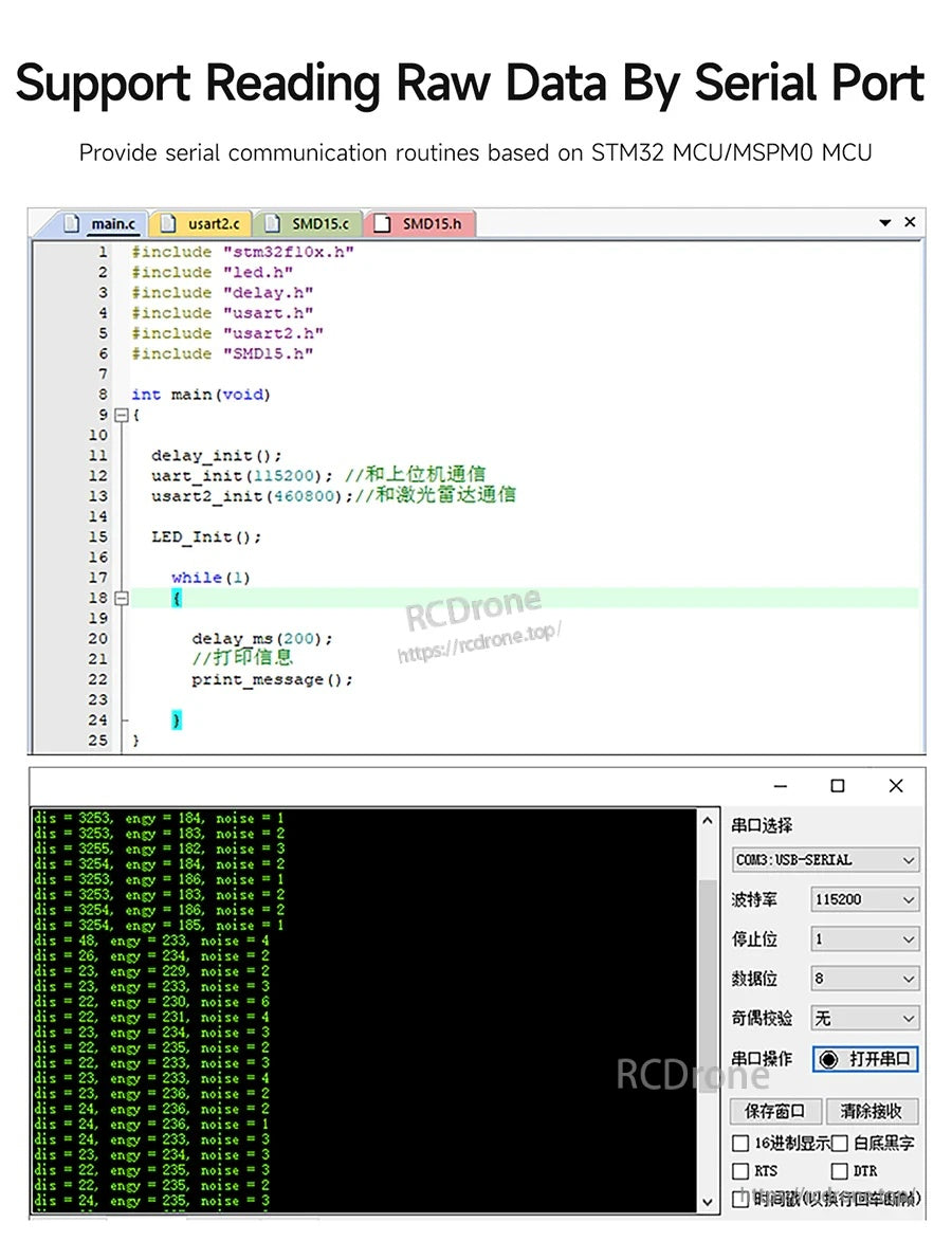 Screenshot of serial port raw data reading example code and UART terminal output for YDLIDAR SDM18 module