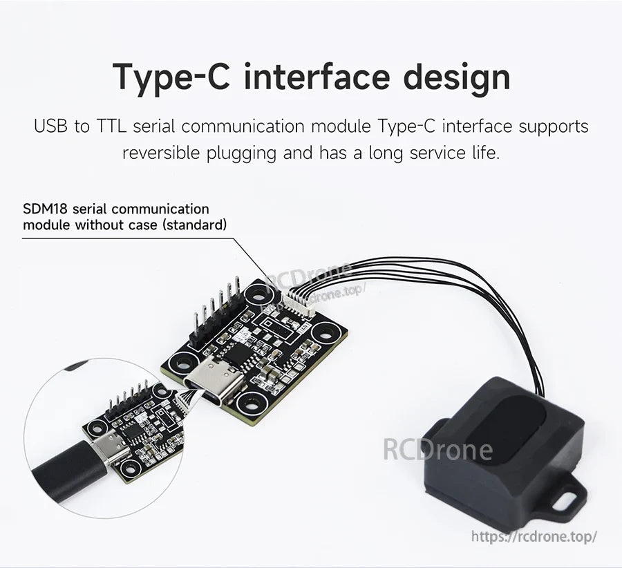USB-to-TTL serial communication module with reversible Type‑C connector connected to SDM18 sensor by wires