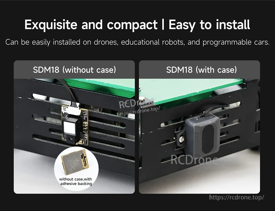 Compact SDM18 installation examples on robot frame: without case adhesive mount and with case screw mount