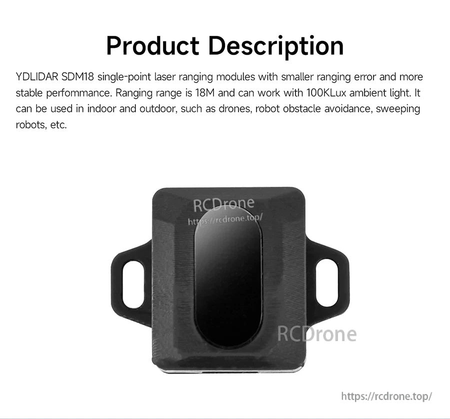 Front view of SDM18 single-point TOF laser distance module with mounting ears, compact housing design