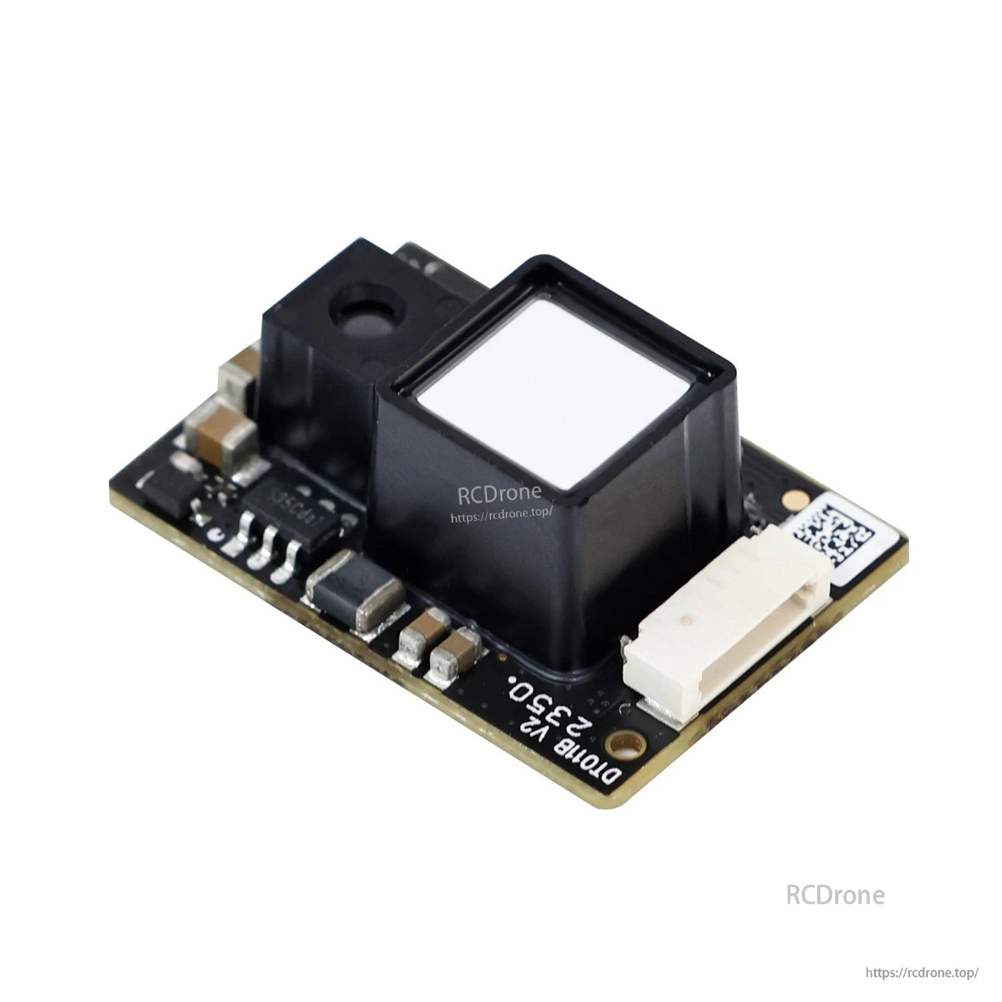 Close-up of SDM18 TOF ranging sensor PCB with optical module and white JST connector