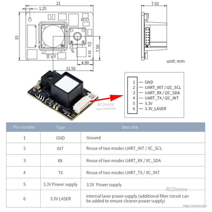 Module dimension drawing and 6-pin UART/I2C wiring pinout diagram for SDM18 TOF sensor board
