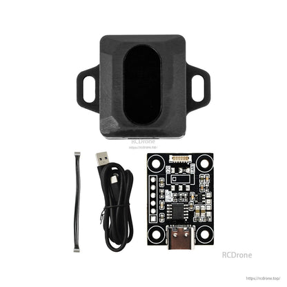 Package contents: SDM18 sensor housing, USB interface board, USB cable, and small JST cable