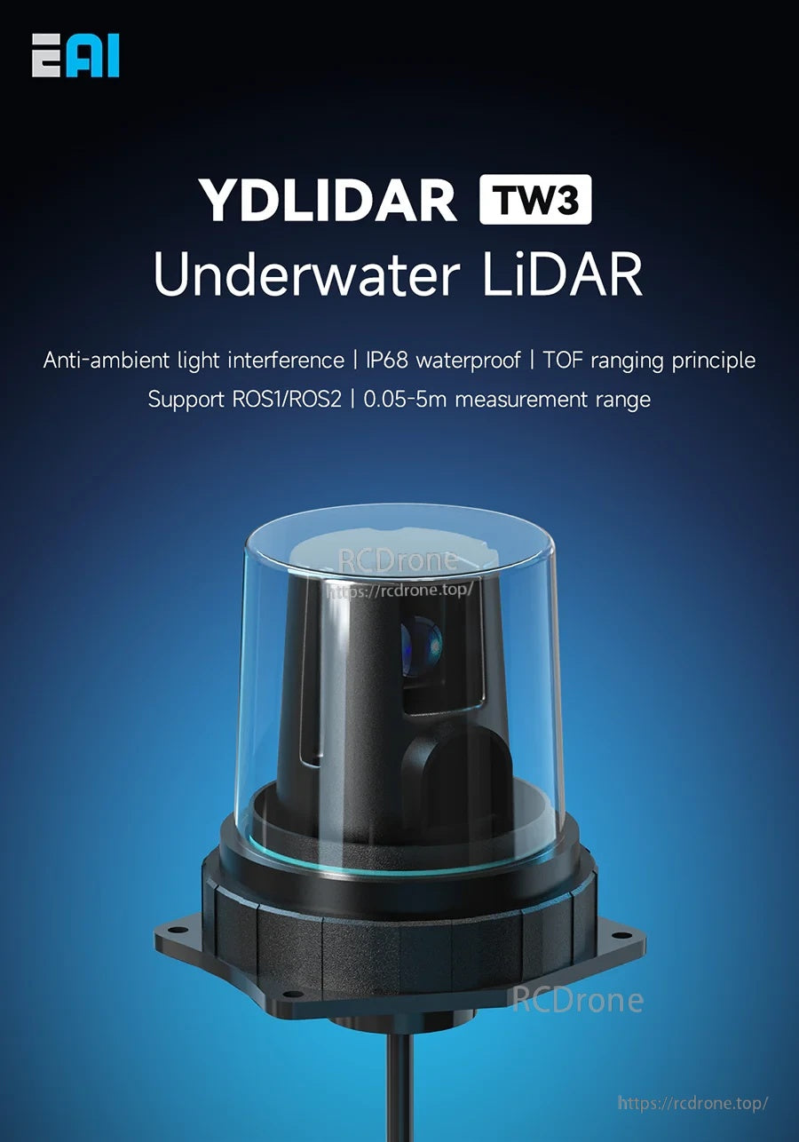 YDLIDAR TW3 Underwater LiDAR Sensor with clear dome housing, IP68-rated 2D ToF scanner