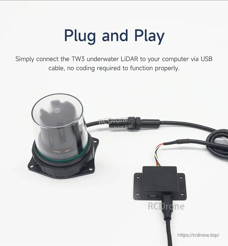 Plug-and-play setup with TW3 sensor, USB connection cable, and small interface box on a white background