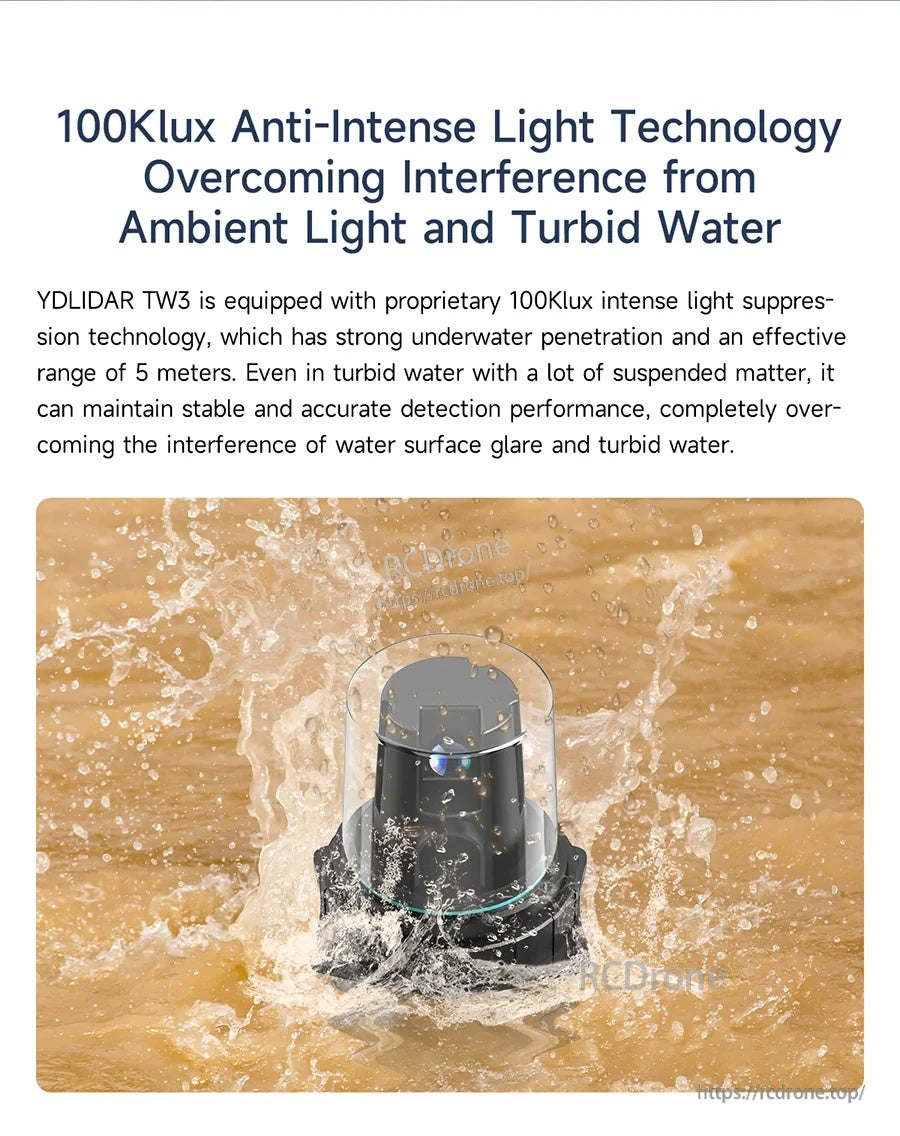 100Klux intense light suppression feature graphic for stable ranging in bright and turbid water conditions