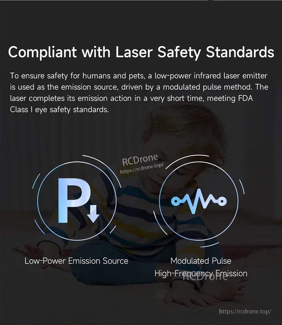 Laser safety standards compliance graphic with low-power emission and modulated pulse icons (no face details)