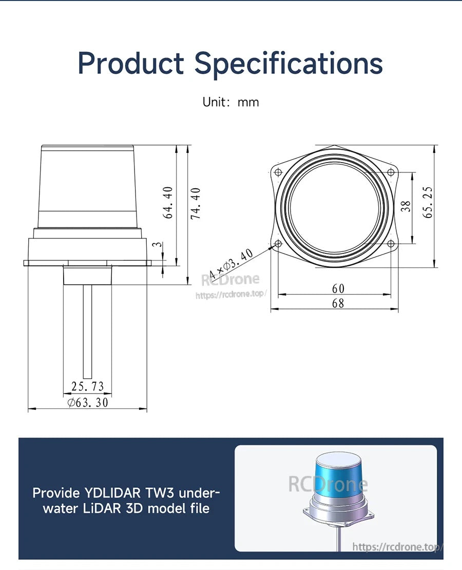 TW3 product specifications drawing with dimensions in mm plus note about providing a 3D model file