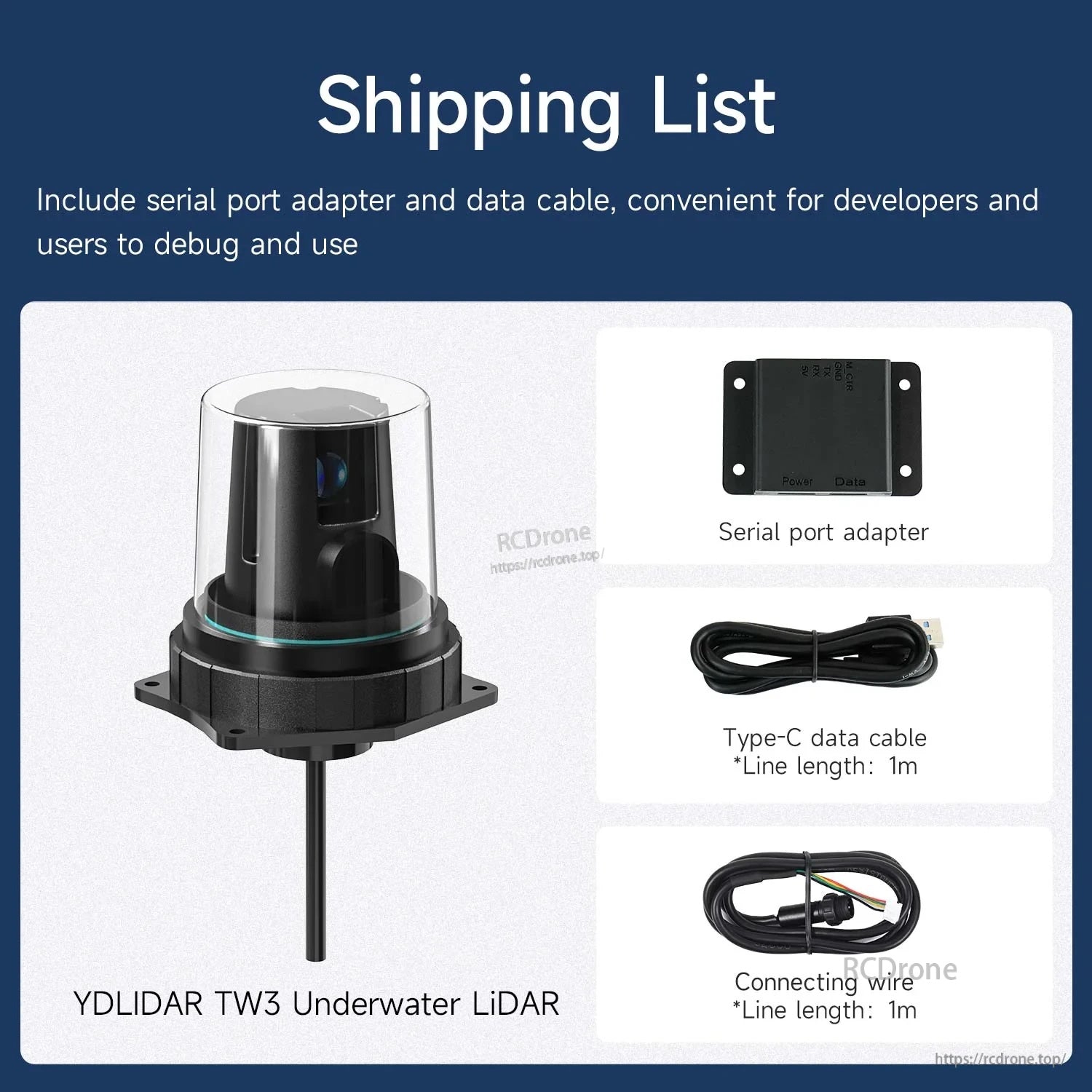 YDLIDAR TW3 underwater LiDAR sensor shipping list with serial port adapter, Type-C data cable and connecting wire