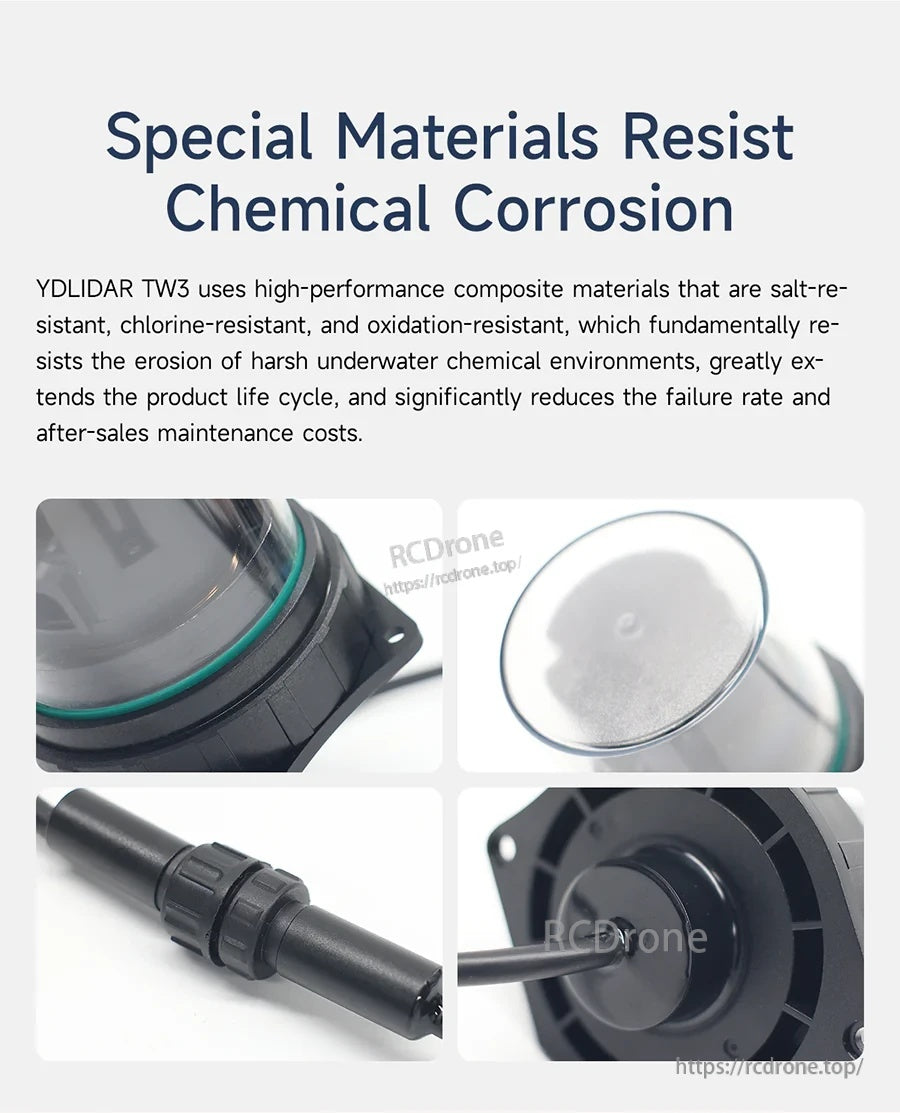 Chemical corrosion resistance callout with close-ups of seals, dome cover, cable, and base materials