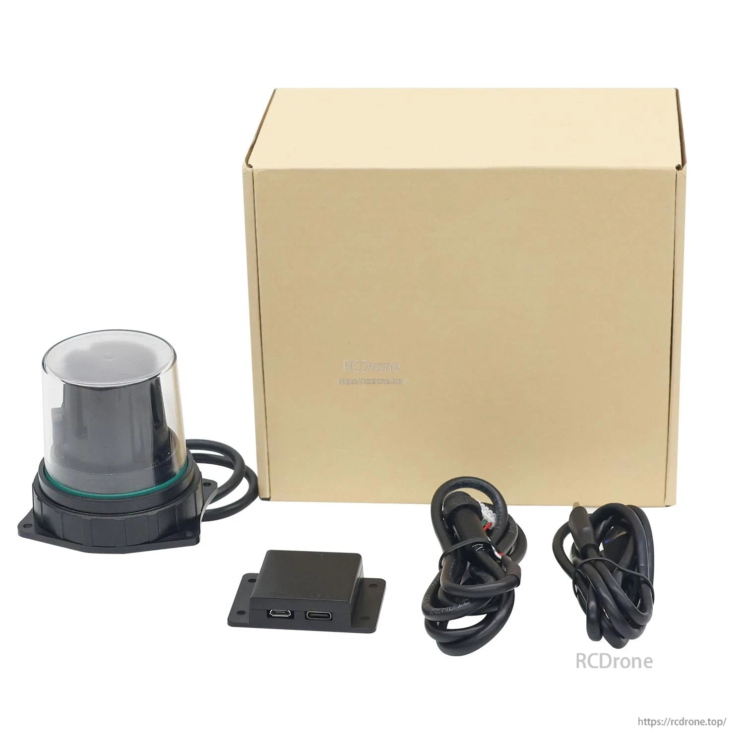 Product kit photo with sensor, plain box, serial port adapter plate, data cable, and connecting wire