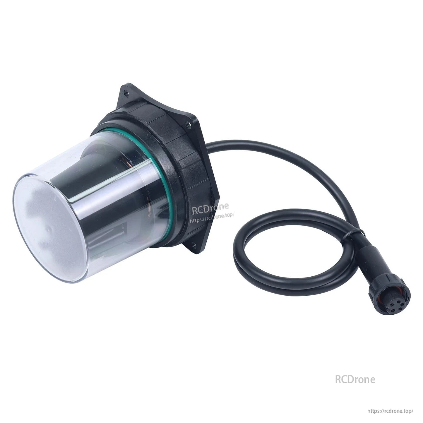 Side view of sensor with cable and circular connector attached to mounting flange