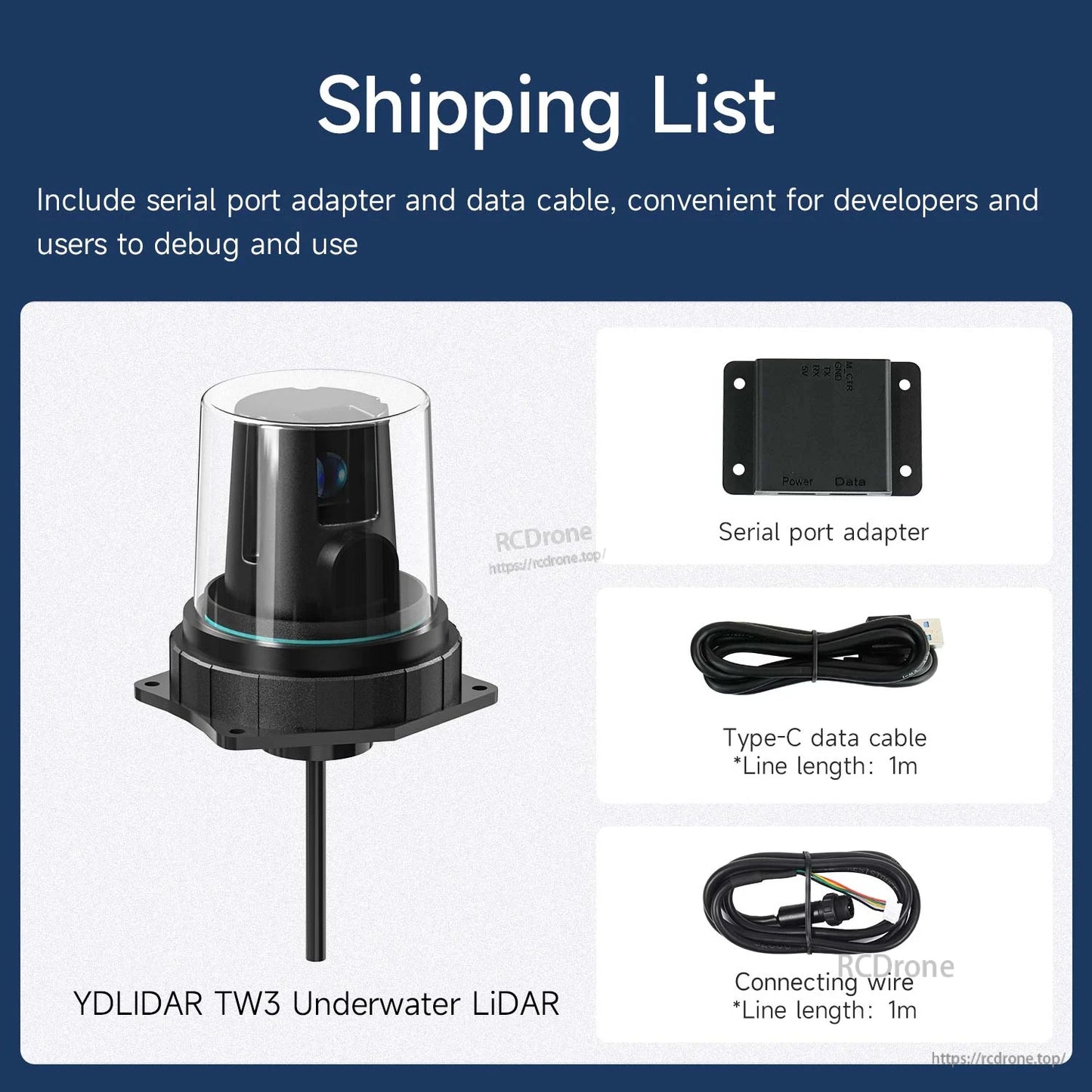 Shipping list showing TW3 underwater LiDAR, serial port adapter, Type‑C data cable, and connecting wire