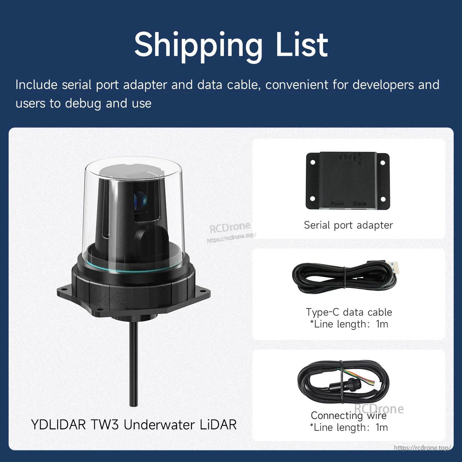Shipping list showing TW3 underwater LiDAR, serial port adapter, Type‑C data cable, and connecting wire