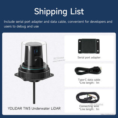 Shipping list showing TW3 underwater LiDAR, serial port adapter, Type‑C data cable, and connecting wire
