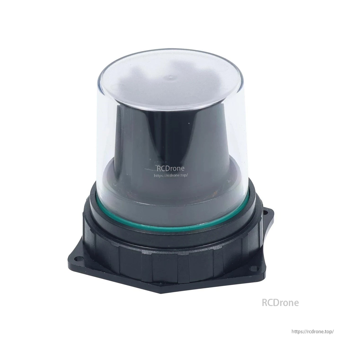 Top view of dome-style housing with green O-ring seal and square mounting base