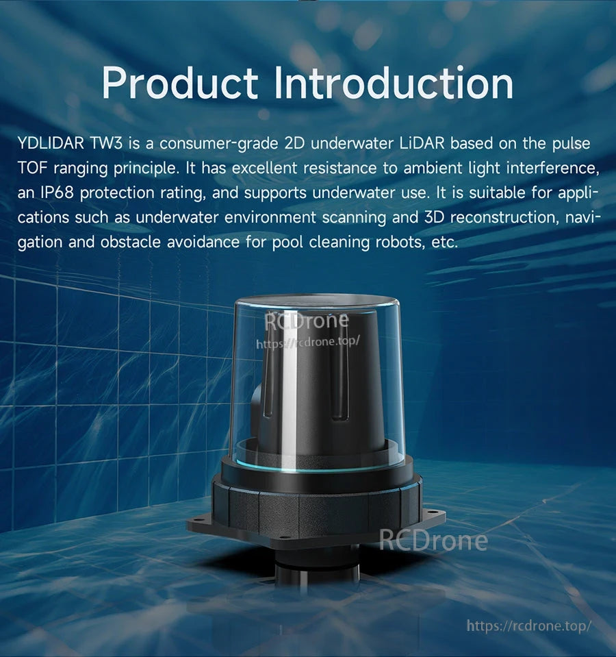 Product introduction graphic for YDLIDAR TW3 2D underwater LiDAR with ToF ranging and IP68 protection