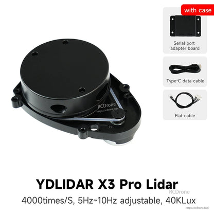YDLIDAR X3 Pro Lidar product graphic with included case, serial adapter board, Type‑C cable, flat cable