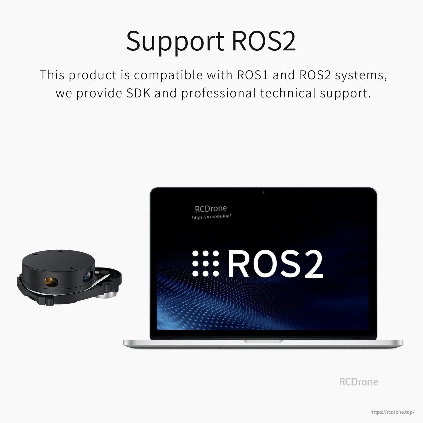 ROS2 support graphic showing ROS2 logo on laptop and lidar sensor icon