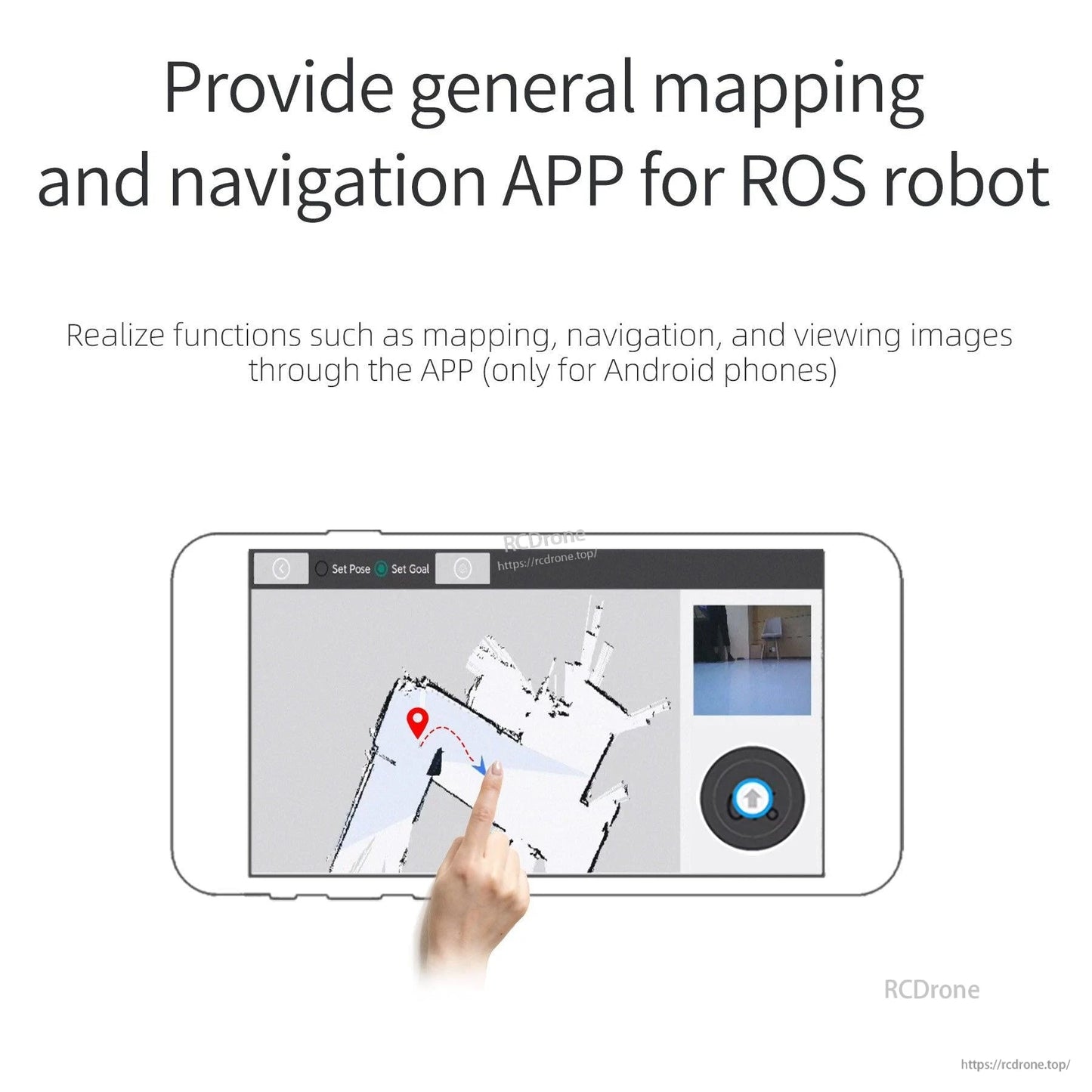 ROS robot mapping and navigation app graphic showing map view on phone screen (Android only)