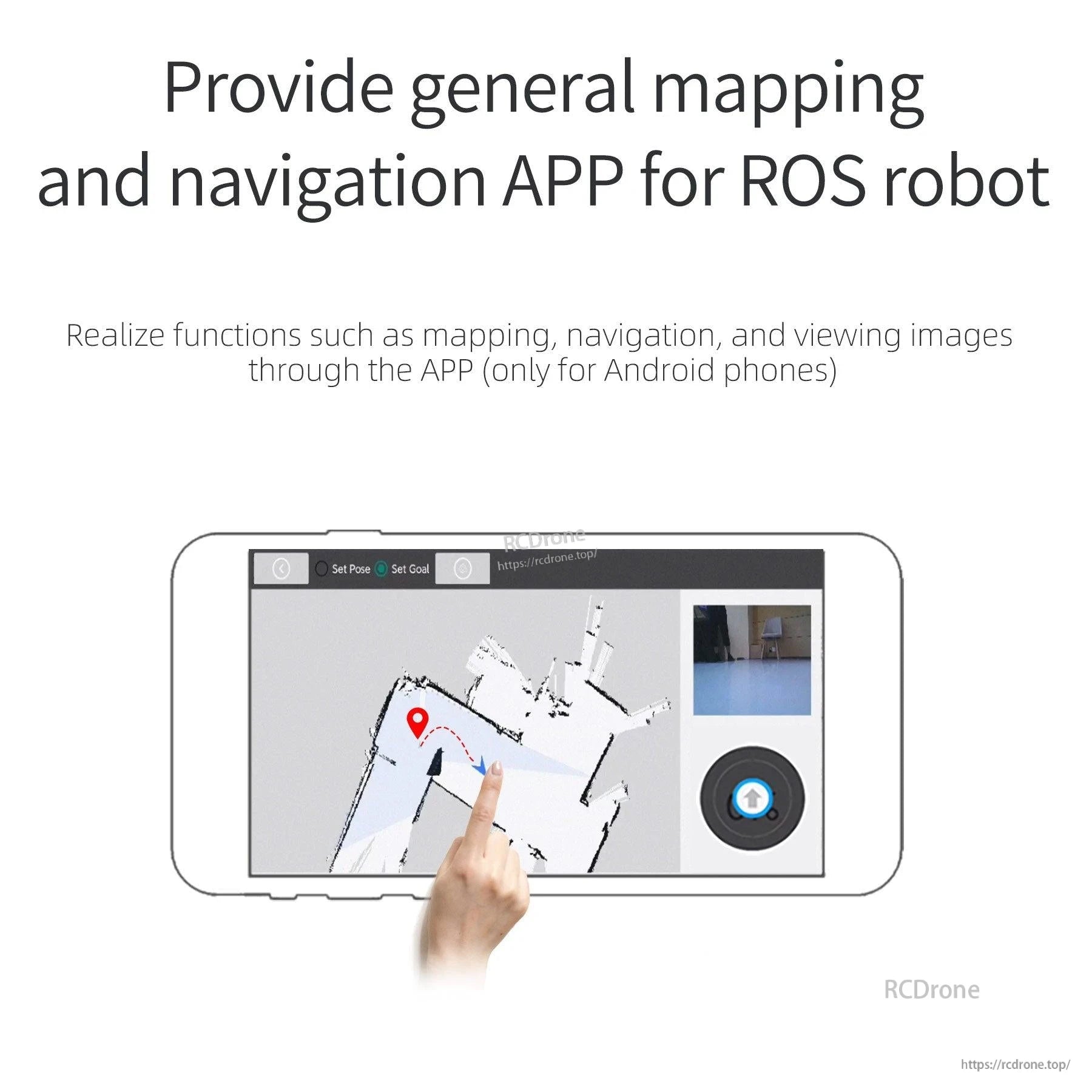 ROS robot mapping and navigation app graphic showing map view on phone screen (Android only)