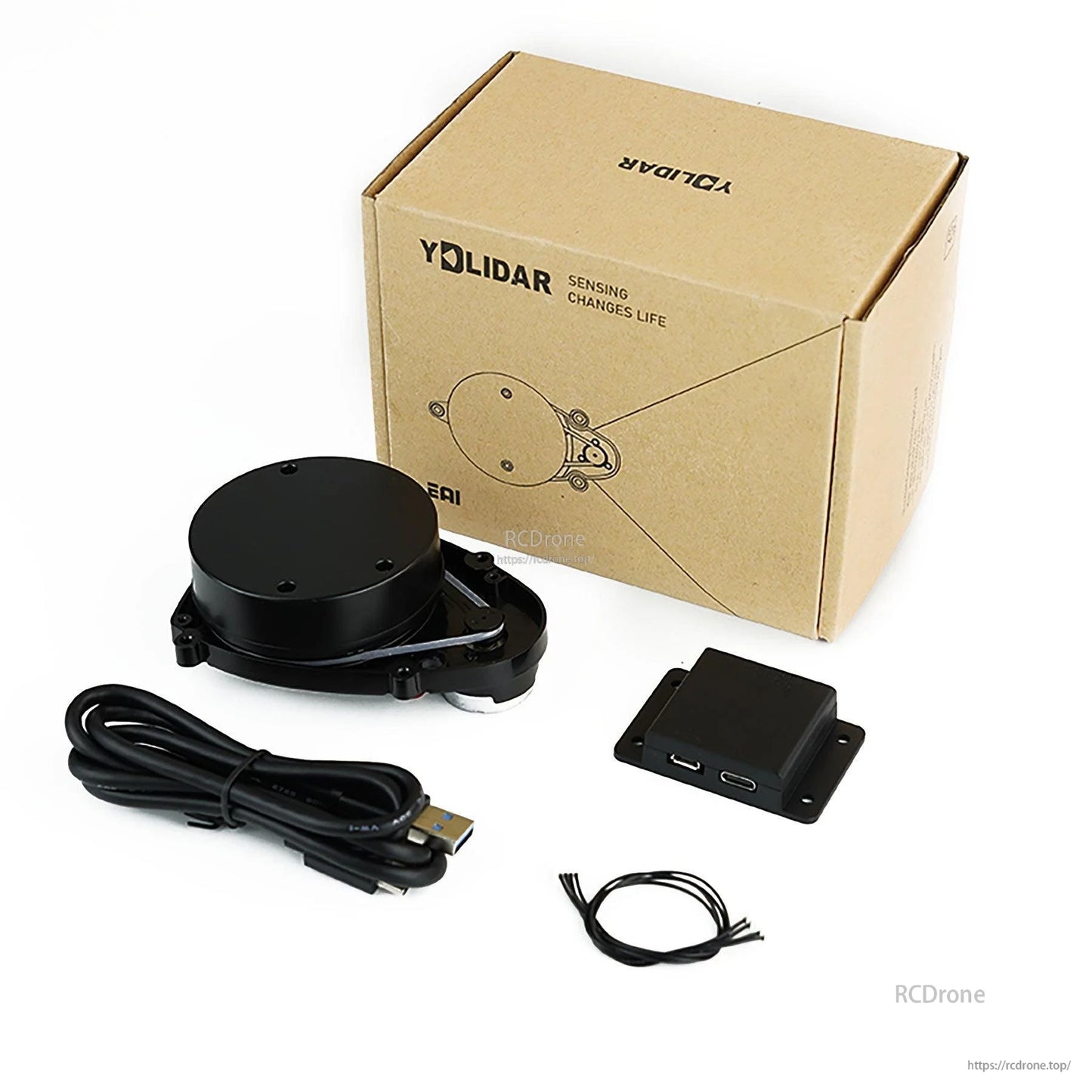 Package contents: YDLIDAR box, X3 Pro lidar unit, USB cable, adapter board, and flat cable