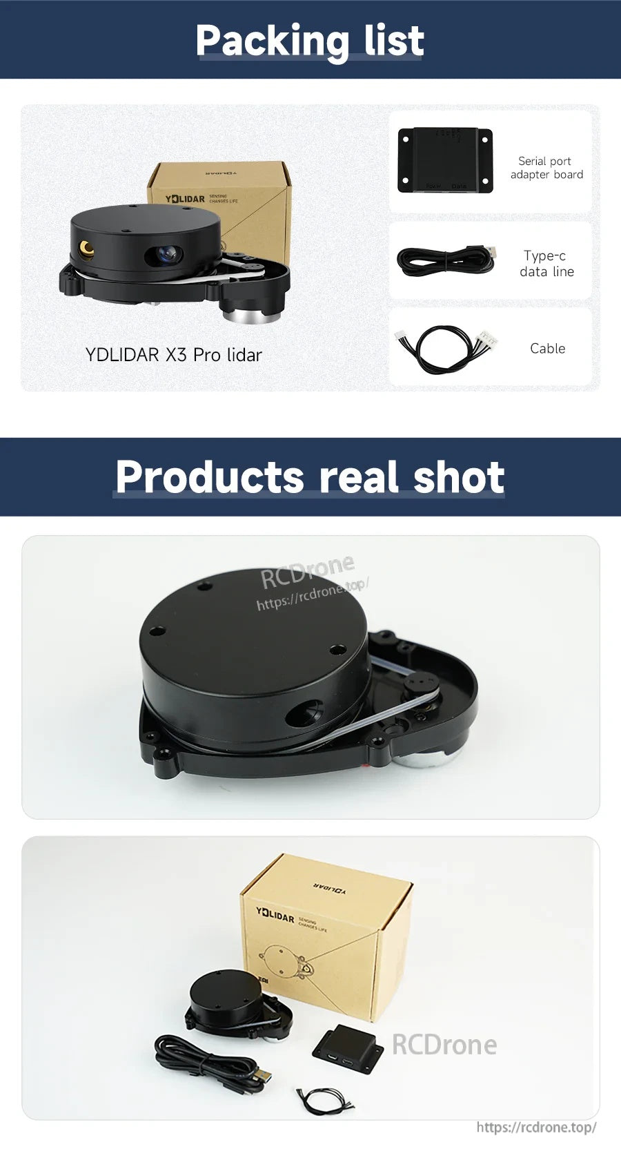 YDLIDAR X3 Pro lidar sensor kit with sensor unit, serial port adapter board, Type‑C data cable, and cable
