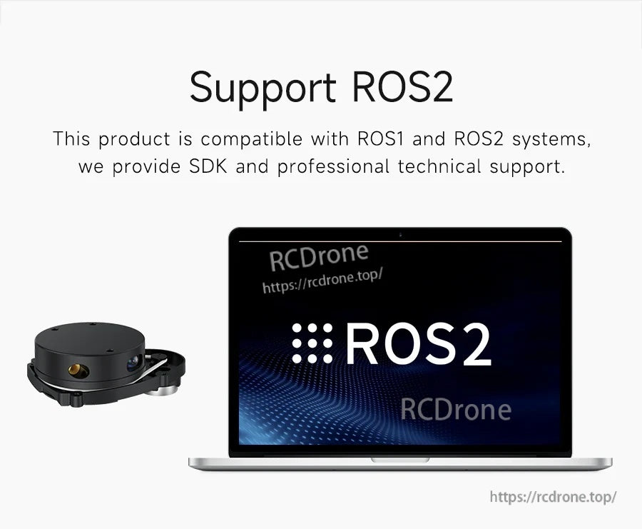ROS2 support graphic with laptop, noting compatibility with ROS1 and ROS2 plus SDK and technical support