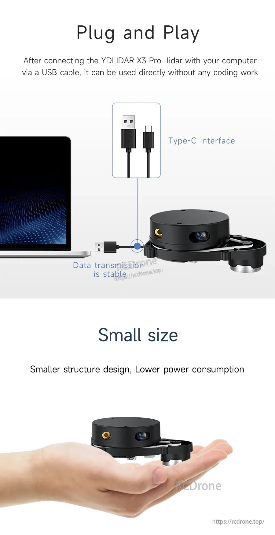Plug-and-play setup graphic with USB Type-C interface and small-size lidar shown in hand for scale