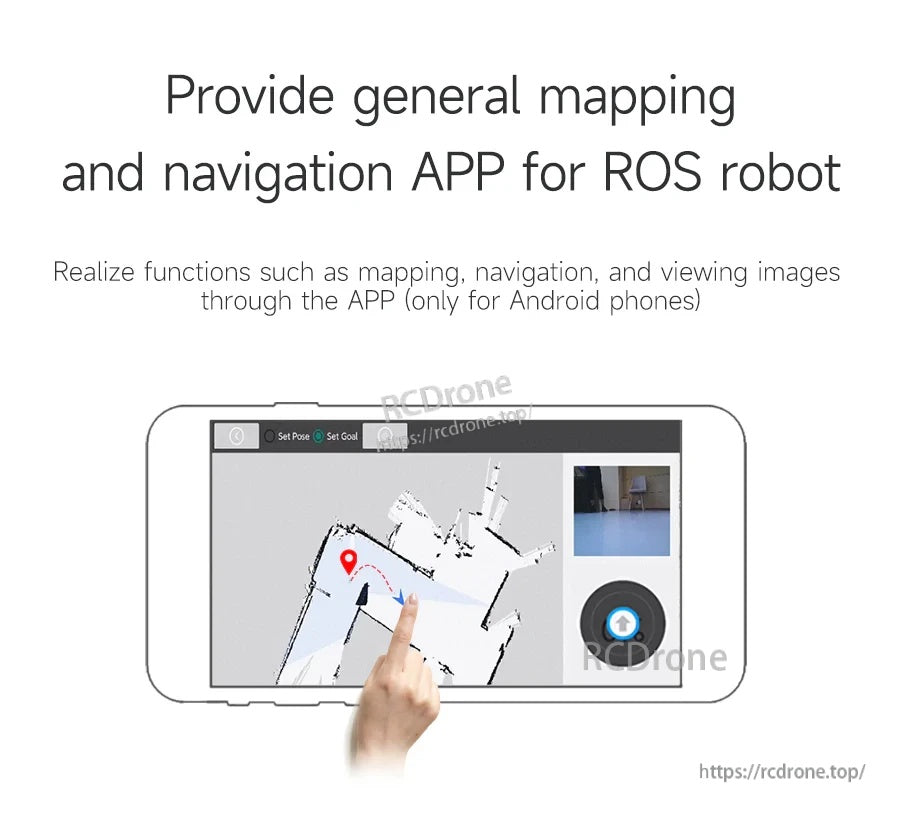 Android mapping and navigation app interface for ROS robots, with map view, goal setting, and image viewing