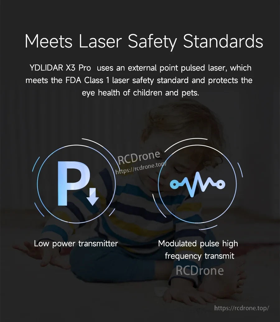 YDLIDAR X3 Pro LiDAR safety graphic noting FDA Class 1 laser standard with low-power transmitter and modulated pulse icons