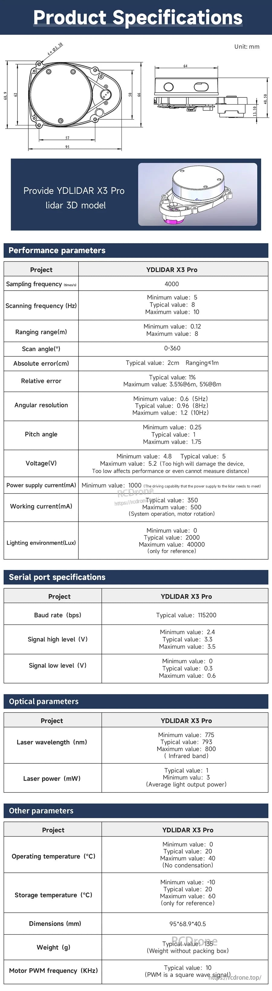 YDLIDAR X3 Pro lidar sensor product specification sheet with mechanical drawings and key performance parameters