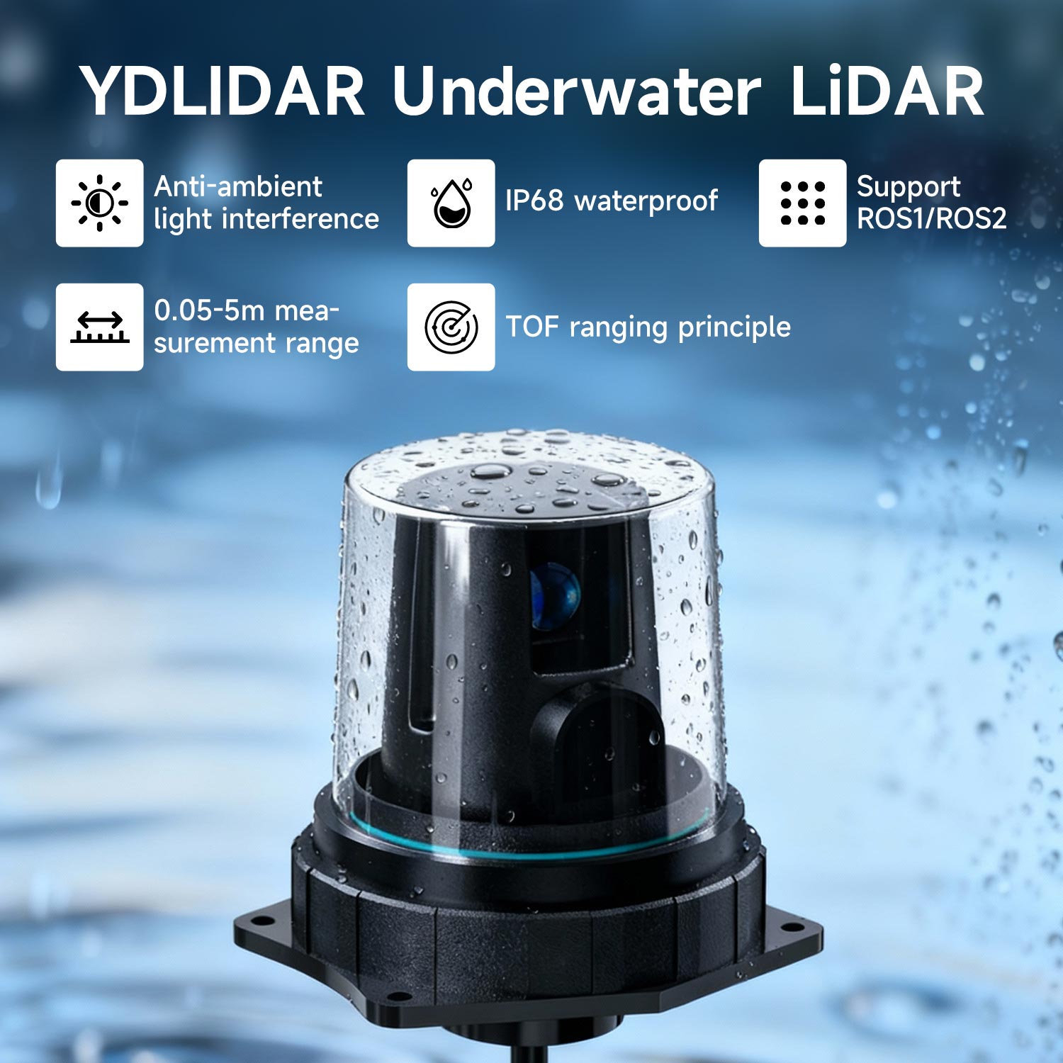 YDLIDAR underwater LiDAR sensor splash graphic highlighting IP68 and anti-ambient light interference