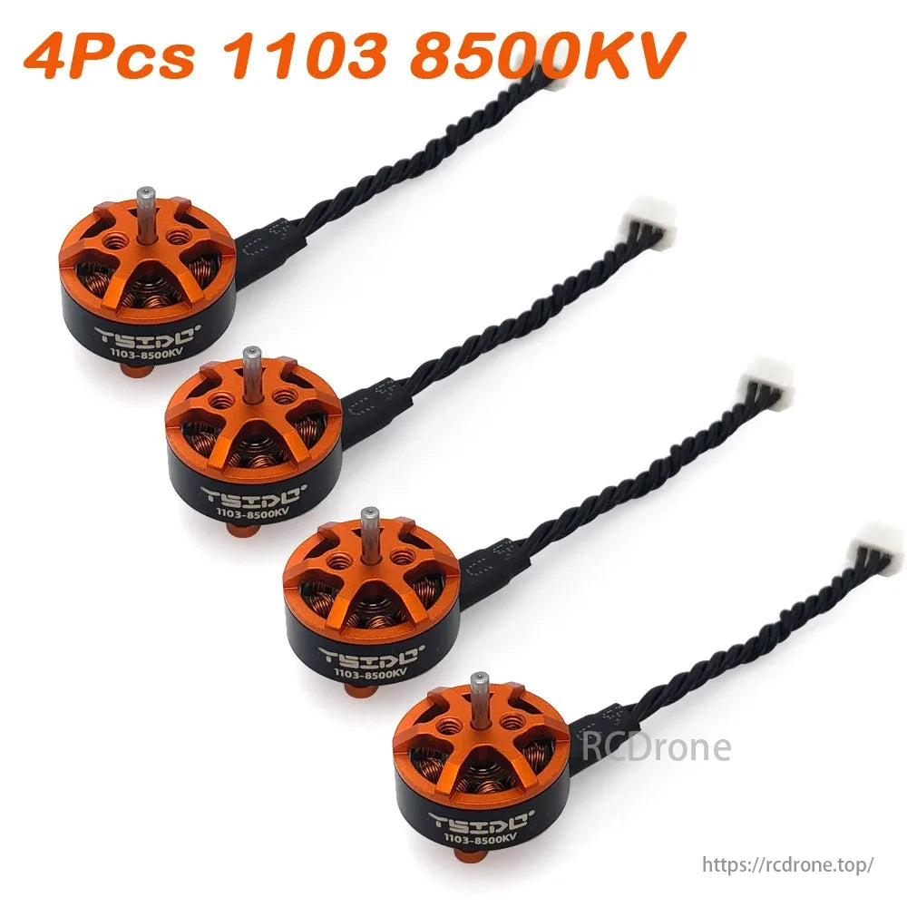 YSIDO 1103 8500KV 1–2S Brushless Motor, YSIDO 1103 8500KV 1-2S Brushless Motor, four pieces, orange/black, twisted cables.