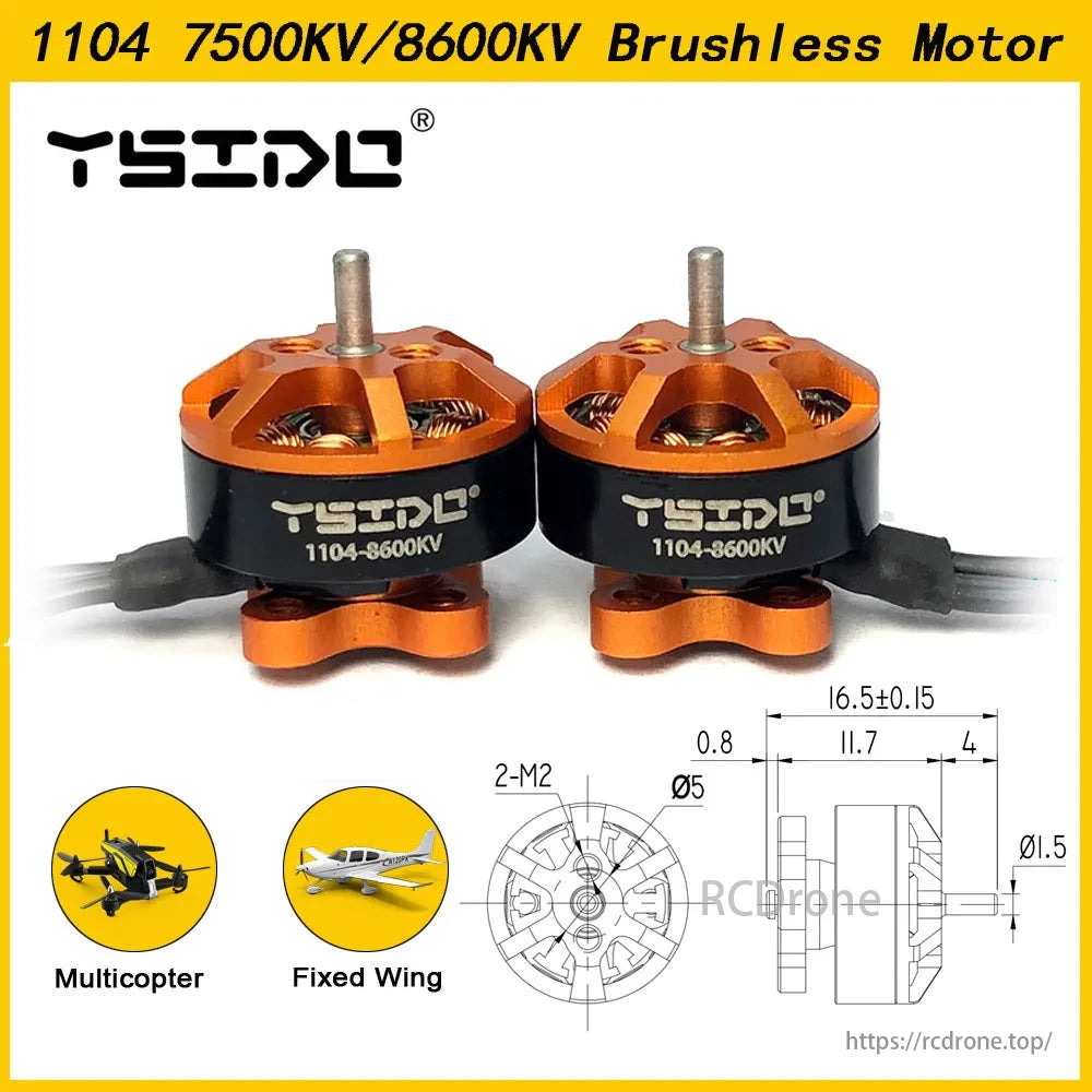 YSIDO 1104 brushless motor for multicopter and fixed-wing drones, compact, suited for 2.0-3.0-inch racing drones. Specifications included.