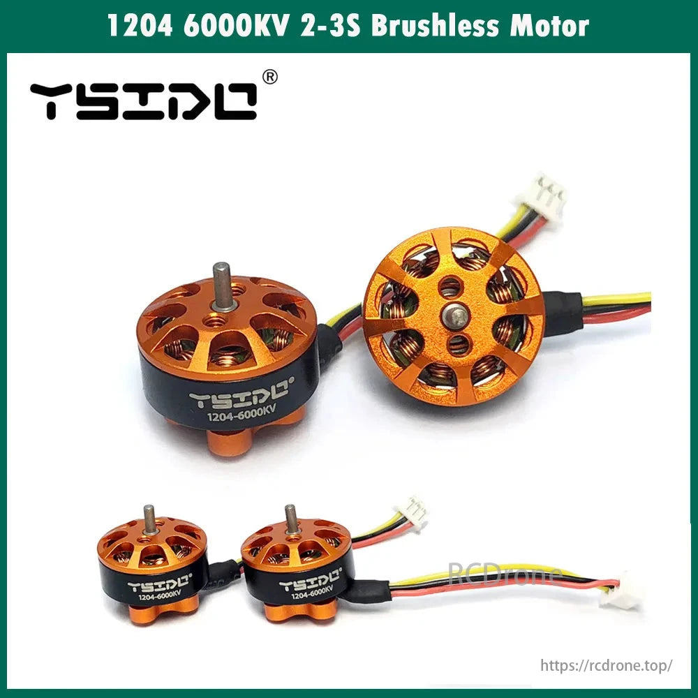 YSIDO 1204 6000KV 2–3S Brushless Motor, YSIDO 1204 6000KV brushless motor for 3-inch FPV drones, fits Tyro89 & 100-150mm frames, orange/black design.